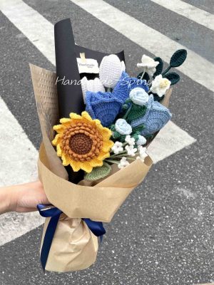 Blue Rose + Sunflower Crochet Knit Bouquet
