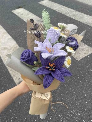 Cold Purple Lily Rose Crochet Knit Bouquet